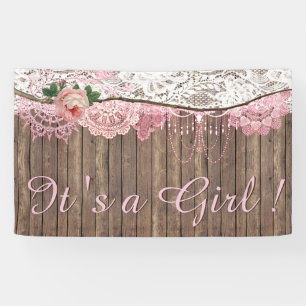 Rustikale Holz-Shabby-Chic-Rosa-Spitze-Mädchen-Bab Banner