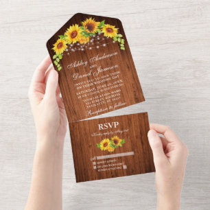 Rustikale Holz-Sonnenblumen-Lichterkette Hochzeit All In One Einladung