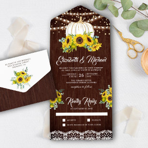 Rustikale Holz-Sonnenblumen Weiße Kürbis-Hochzeit All In One Einladung