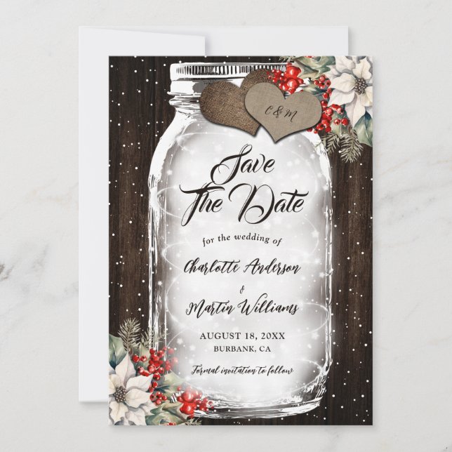Rustikale Holz-Stechpalmen-Beeren-Mason-Glas-Winte Save The Date (Vorderseite)