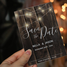 Rustikale Holz-String-Lichter Hochzeit speichern d Einladungspostkarte