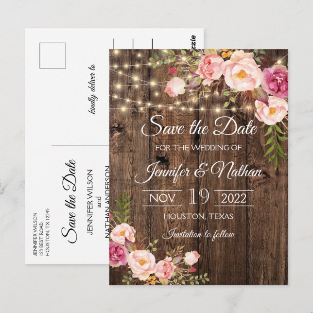 Rustikale Holz-String-Lichter Hochzeit speichern d Postkarte (Vorne/Hinten)