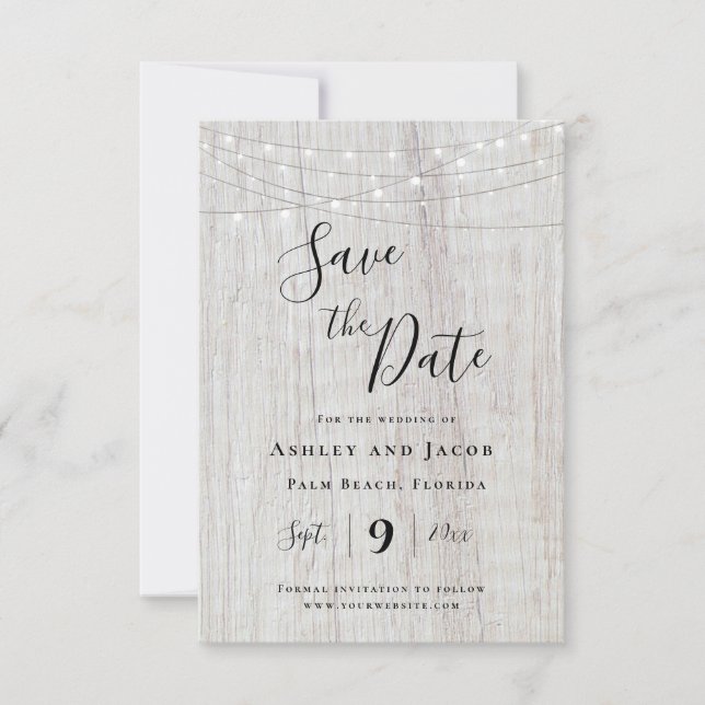 Rustikale Holz-String-Lichter Hochzeit speichern d Save The Date (Vorderseite)