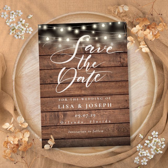 Rustikale Holz-String-Lichter Hochzeit speichern d Save The Date (Rustic Wood String Lights Wedding Save the Date)