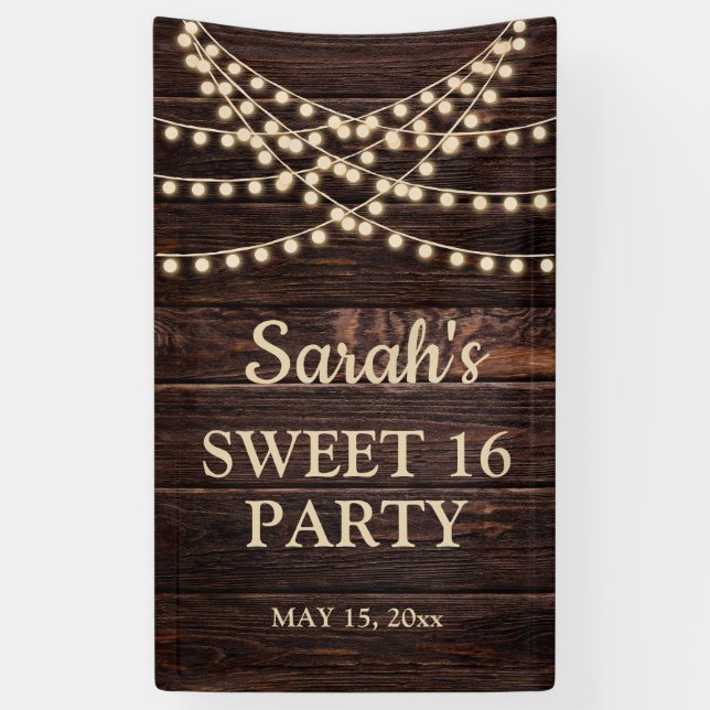 Rustikale Holz-String-Lichter Sweet 16 Name Datum Banner (Vertikal)