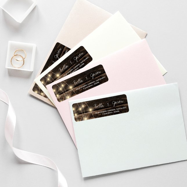 Rustikale Holz-String-Lights Hochzeit Rücksendeadr (Von Creator hochgeladen)