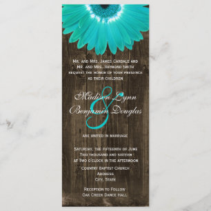 Rustikale Holz-Teal-Gerbera-Daisy-Hochzeitseinladu Einladung