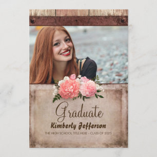 Rustikale Holz- und Jute-Blumen-Foto-Abschlussfeie Einladung