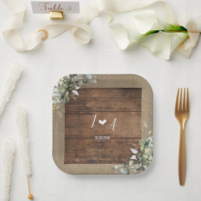 Rustikale Holz- und Jute-Hochzeit Pappteller (Hochzeit)