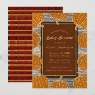 Rustikale Holz- und Kürbis-Herbst-Babyshower-Party Einladung