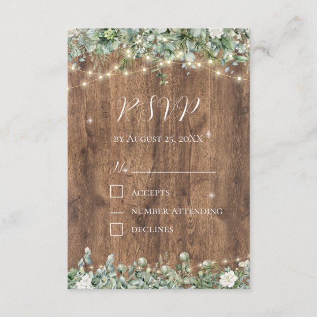 Rustikale Holz- und String-Lights RSVP-Karte | Bar Begleitkarte (Vorderseite)