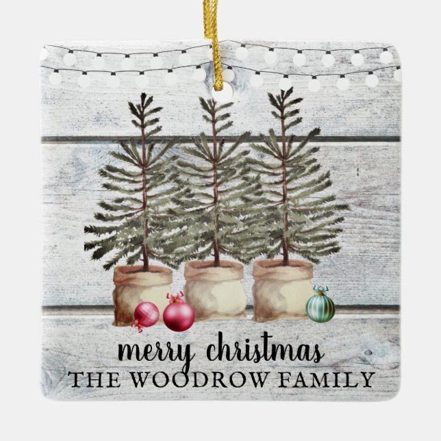Rustikale Holz Weihnachtsbaumen Familienname Urlau Keramikornament (Vorderseite)