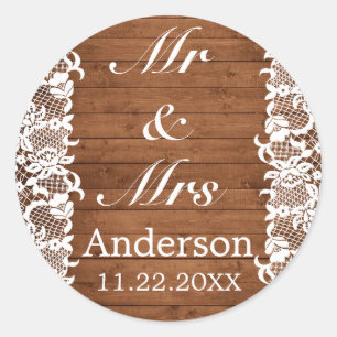 Rustikale Holz & Weiße Spitze MR MRS Hochzeit Runder Aufkleber