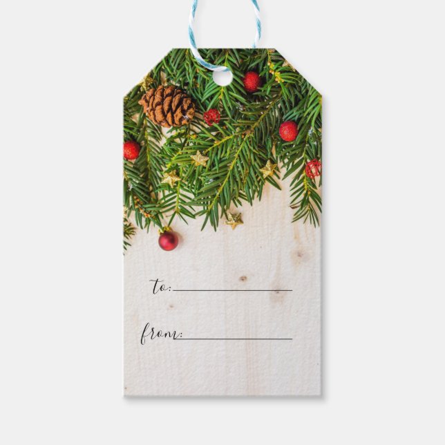 Rustikale Holzbaumzweige Frohe Weihnachtsschrift Geschenkanhänger (Vorderseite)