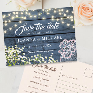 Rustikale Holzblaue Lichterkette Save-the-Date Postkarte