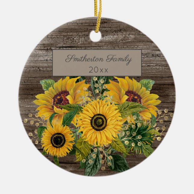 Rustikale Holzblumen Familienname Jahr Keramik Ornament (Vorne)