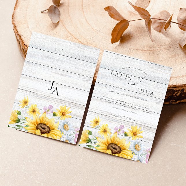 Rustikale Holzblumen Monogram, Blumenzange Einladung (Rustic Wooden Sunflowers Monogram Floral Wedding Invitation)