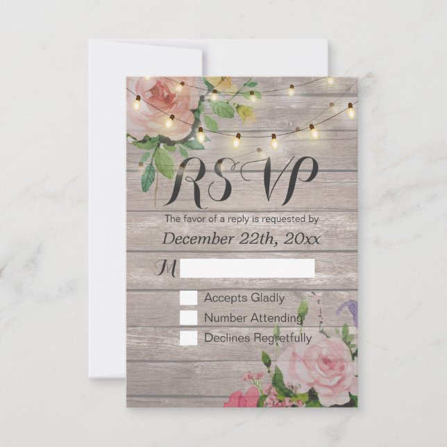 Rustikale Holzblumen-String Light Wedding RSVP Ant Karte (Vorderseite)