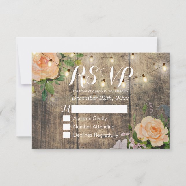 Rustikale Holzblumen-String Light Wedding RSVP Ant Karte (Vorderseite)