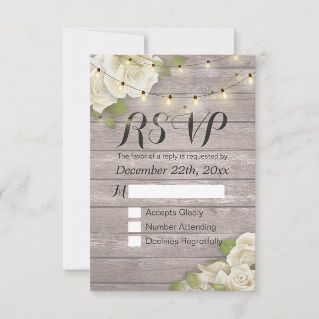 Rustikale Holzblumen-String Light Wedding RSVP Ant Karte (Vorderseite)