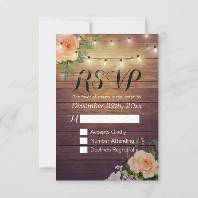 Rustikale Holzblumen-String Light Wedding RSVP Ant Karte (Vorderseite)