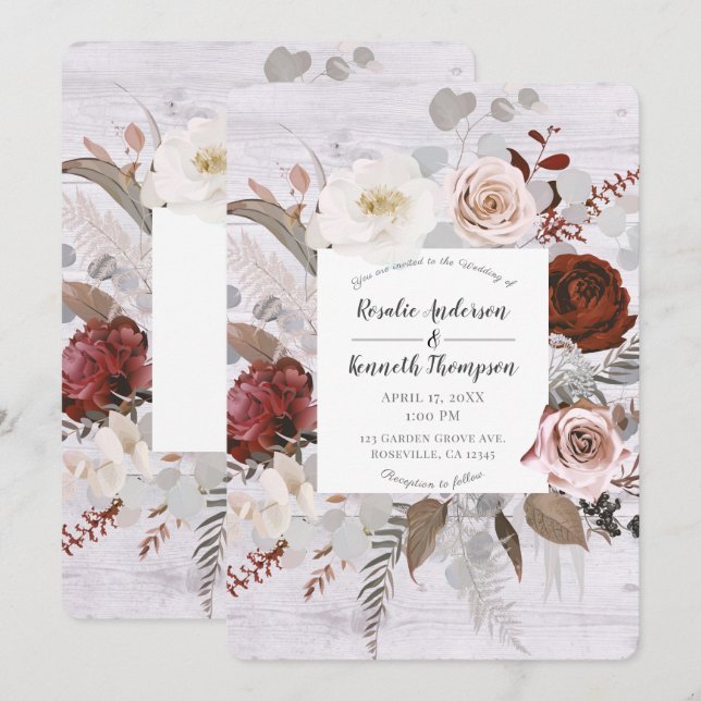 Rustikale Holzblüten Blütenblüte Rote Hochzeit Einladung (Vorne/Hinten)