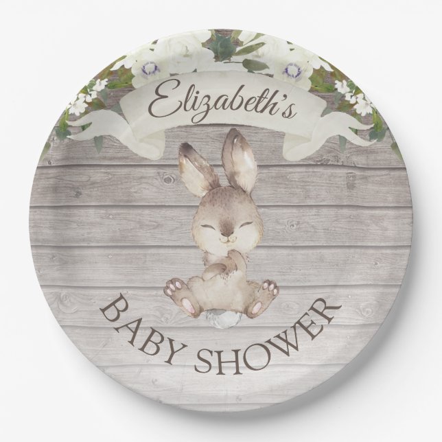 Rustikale Holzbunny Rabbit Custom Baby Dusche Pappteller (Vorderseite)