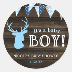 Rustikale hölzerne blaue Rotwild-Jungen-Babyparty Runder Aufkleber