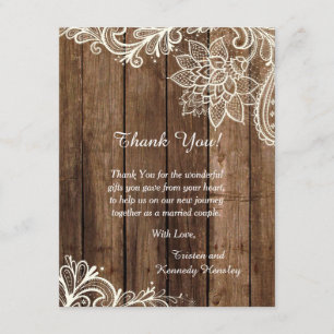 Rustikale hölzerne flache Hochzeit der Spitze-4x5 Dankeskarte