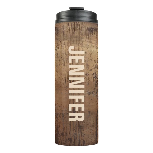 Rustikale Holzfarbenbasis und Name Thermal Tumbler Thermosbecher (Vorderseite)
