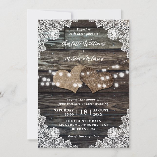 Rustikale Holzfloral Lace Burlap Hearts Wedding Einladung (Vorderseite)