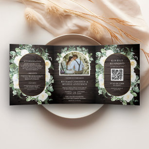 Rustikale Holzgestecke Elfenbein Floral QR Code Ho Dreifach Gefaltete Einladung