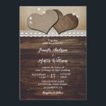 Rustikale Holzherzen Burlap- und Spitzen-Hochzeit Einladung<br><div class="desc">Diese Hochzeitseinladungen mit Rasen und Spitzen,  die mit zwei Höhlenherzen und einem Holzboden,  der mit weißer Blumenspitze geschmückt ist,  ausgestattet sind,  laden Sie zu einer rustikalen Hochzeitsfeier ein. Vollständig anpassbare Vorlage.</div>
