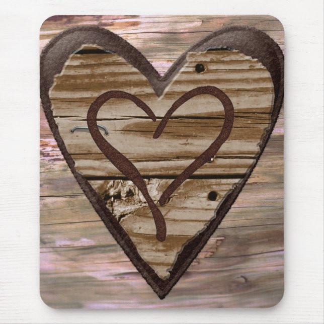 Rustikale Holzherzen Liebe signieren Mousepad (Vorne)
