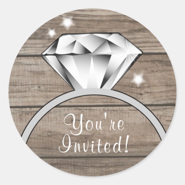 Rustikale Holzhochzeit Diamantring Sie sind eingel Runder Aufkleber (Vorderseite)
