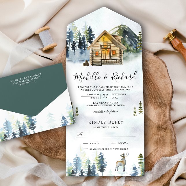Rustikale Holzhütte Lodge Forest Fog Wedding All In One Einladung (Von Creator hochgeladen)