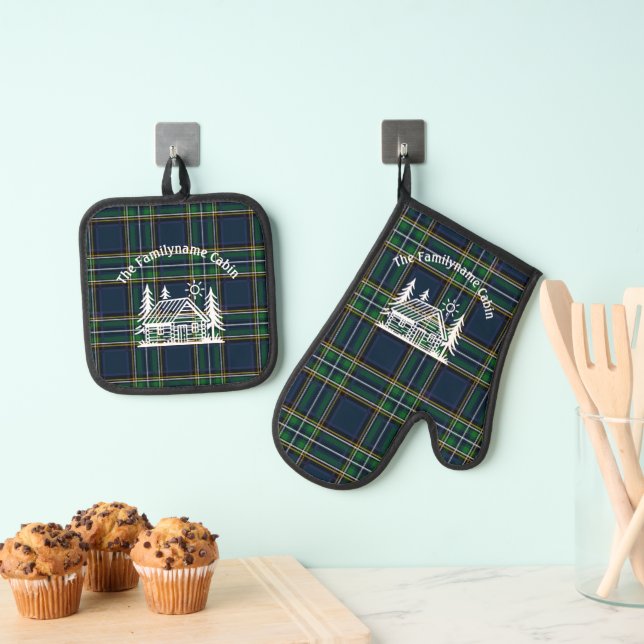 Rustikale Holzhütte Tartan Ofenhandschuh & Topflappen-Set (Insitu (Hängend))