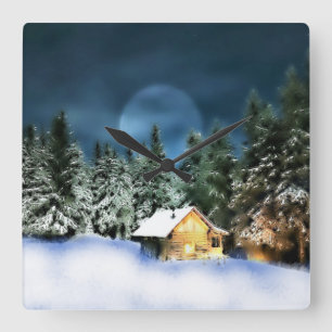 Rustikale Holzkabine Vollmond Quadratische Wanduhr