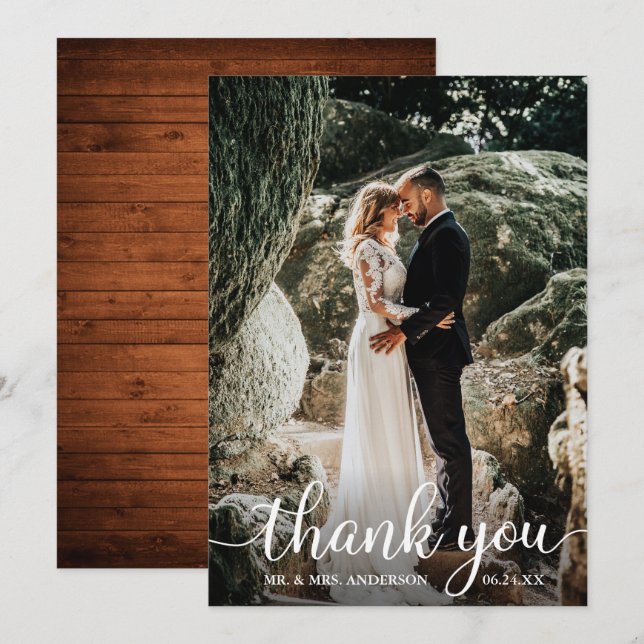 Rustikale Holzkalligraphie Hochzeit Danke Karte (Vorne/Hinten)
