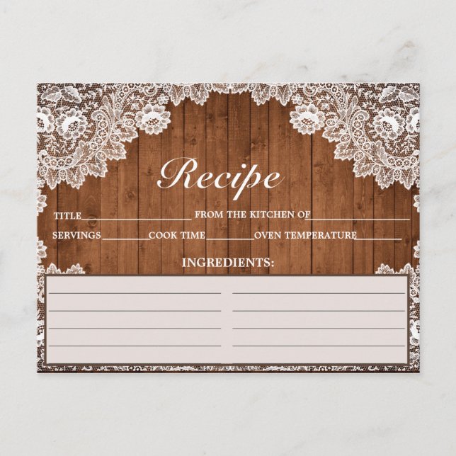 Rustikale Holzkarte und weiße Spitzenrezeptkarte Postkarte (Vorderseite)