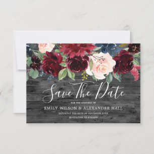 Rustikale Holzkohle-Burgunder-Blume Hochzeit Save The Date