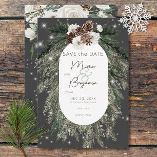 Rustikale Holzkohle-Kiefer Winter-Sparkling-Hochze Save The Date