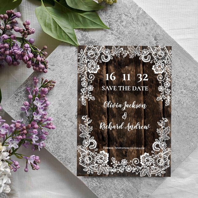 Rustikale Holzlace Country Hochzeit Save the Date (Rustic Wood Lace Country Wedding Save the Date)