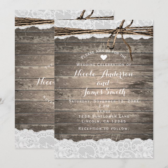 Rustikale Holzlace & Twine Romantische Barnverheir Einladung (Vorne/Hinten)