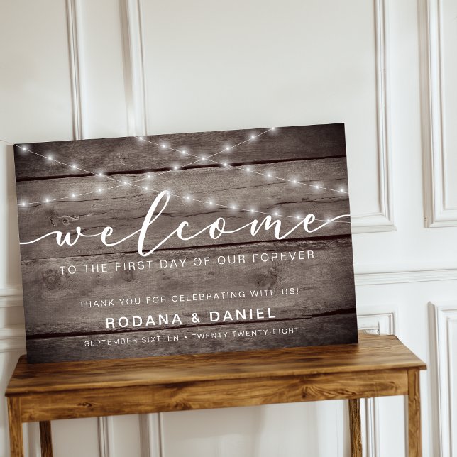 Rustikale Holzleuchten Begrüßungszeichen Poster (Rustic Wood Lights Welcome Wedding Sign)