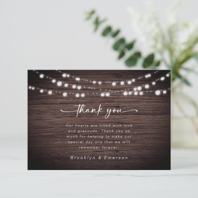 Rustikale Holzleuchten Hochzeit Dankeskarte (Stehend Vorderseite)