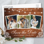 Rustikale Holzleuchten Lace 3 Foto Save the Date Einladungspostkarte<br><div class="desc">Rustikales Holz String Lights und Lace 3 Foto Save the Date Verlobung Ankündigung Postkarte</div>