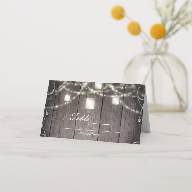 Rustikale Holzleuchten & Mason Jars Hochzeitstisch Platzkarte (Rückseite)