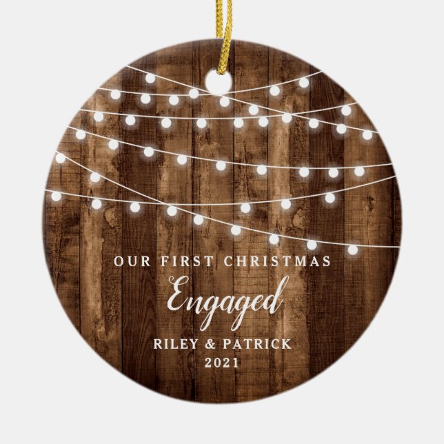 Rustikale Holzleuchten Verlobte Weihnachten Keramik Ornament (Vorne)