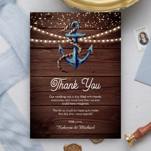 Rustikale Holznavyblau Ankernautische Hochzeit  Dankeskarte